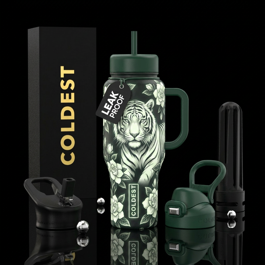 Glow in the dark white tiger with gardenia water bottle design