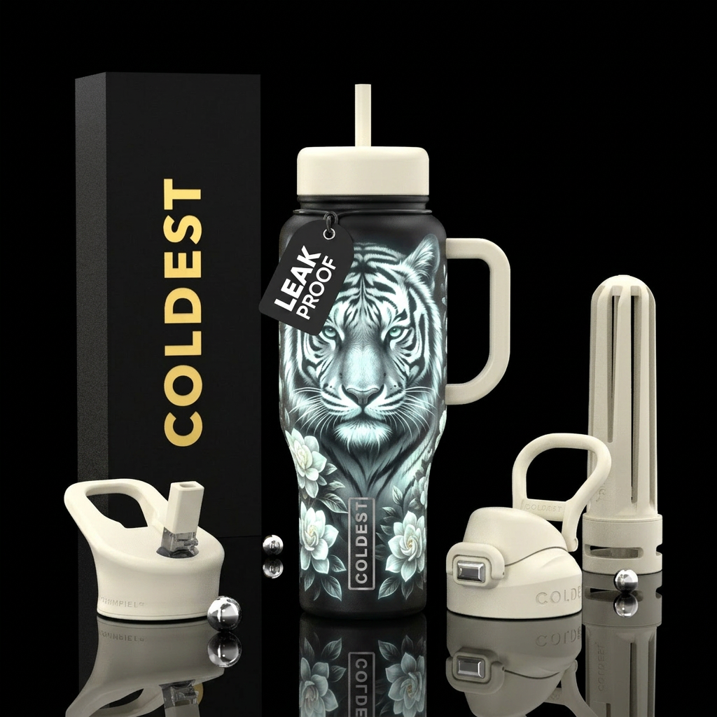 Glow in the dark white tiger with gardenia water bottle design