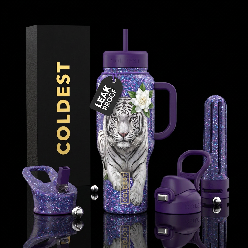 Purple and blue background glitter with white tige... water bottle design