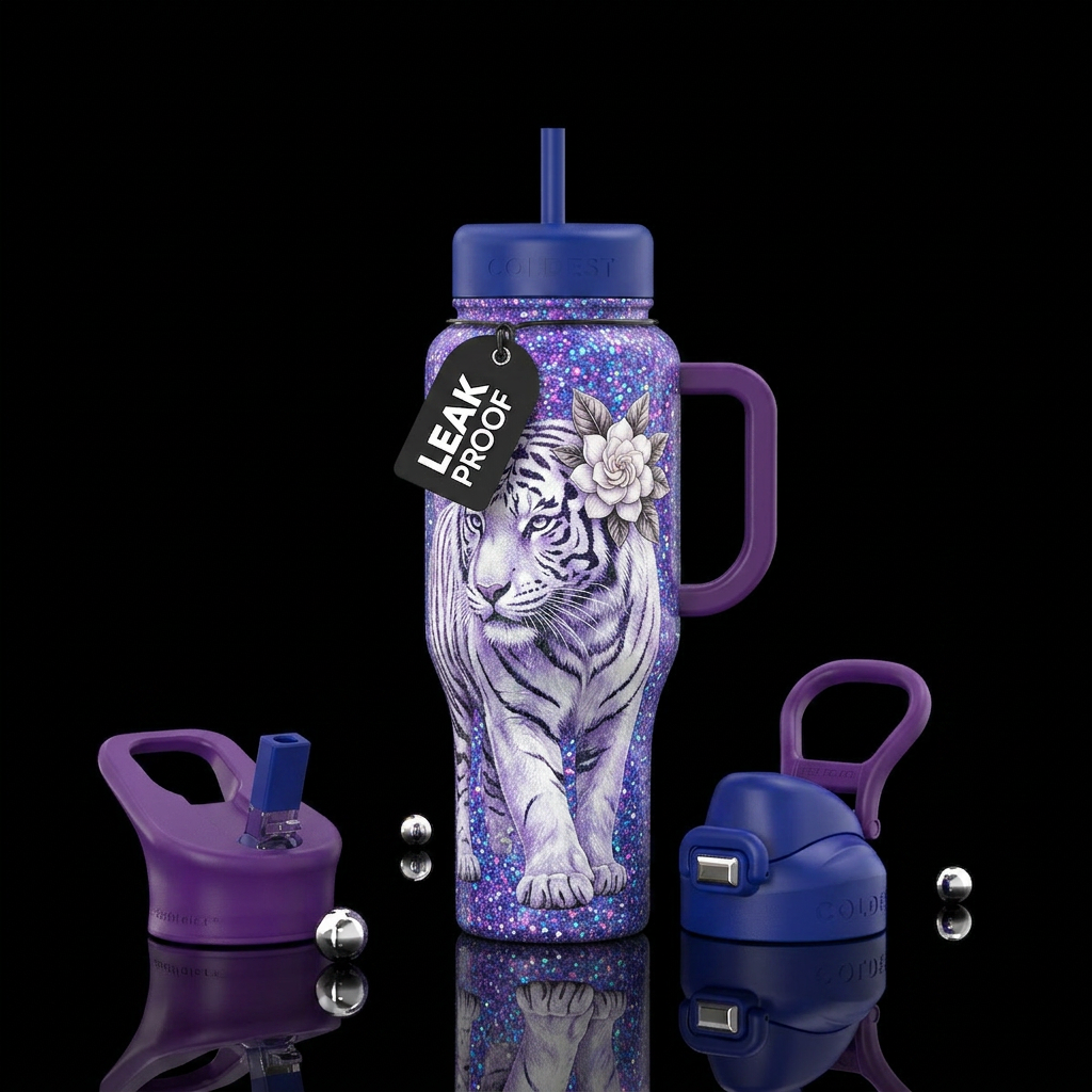 Purple and blue background glitter with white tige... water bottle design