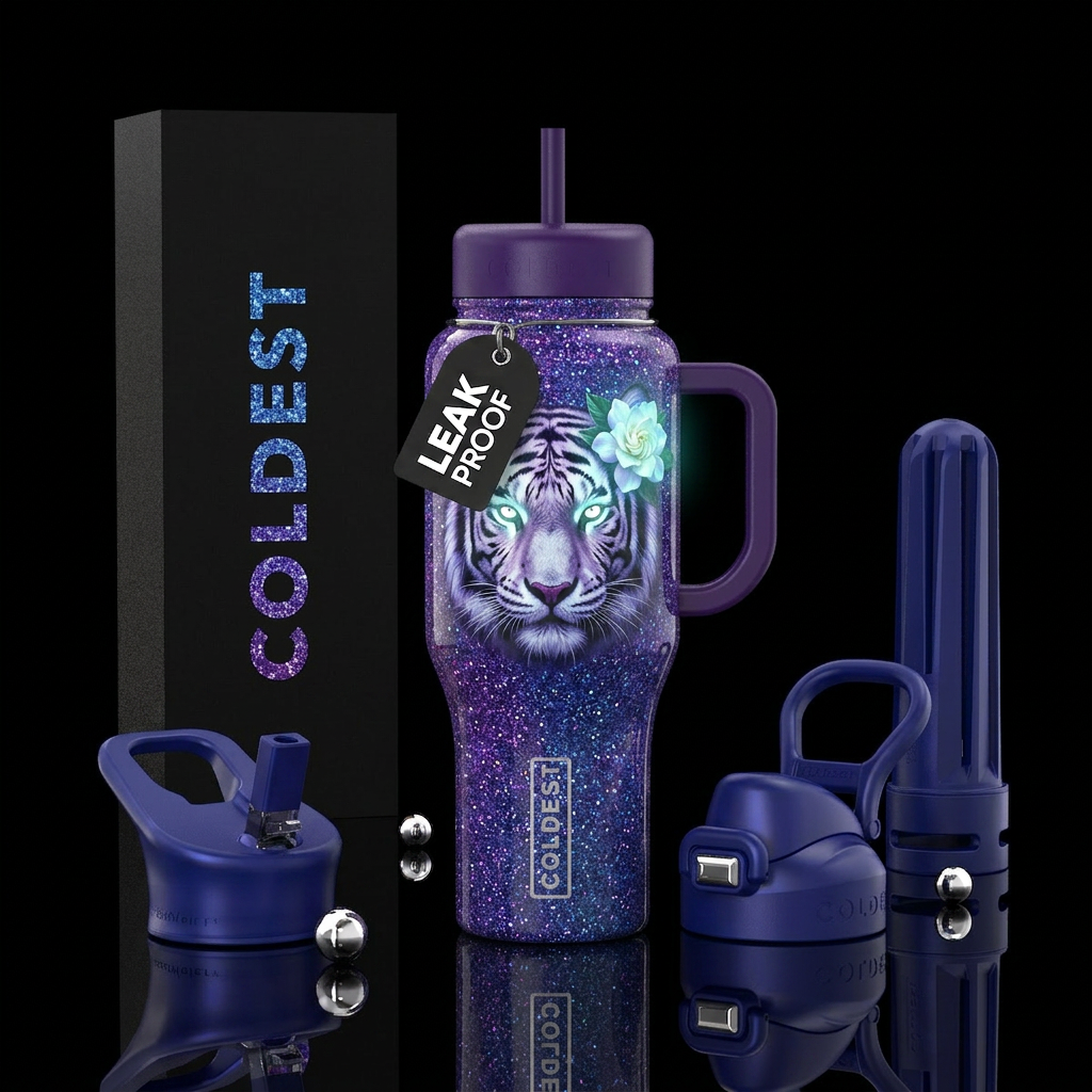 Purple and blue background glitter with white tige... water bottle design