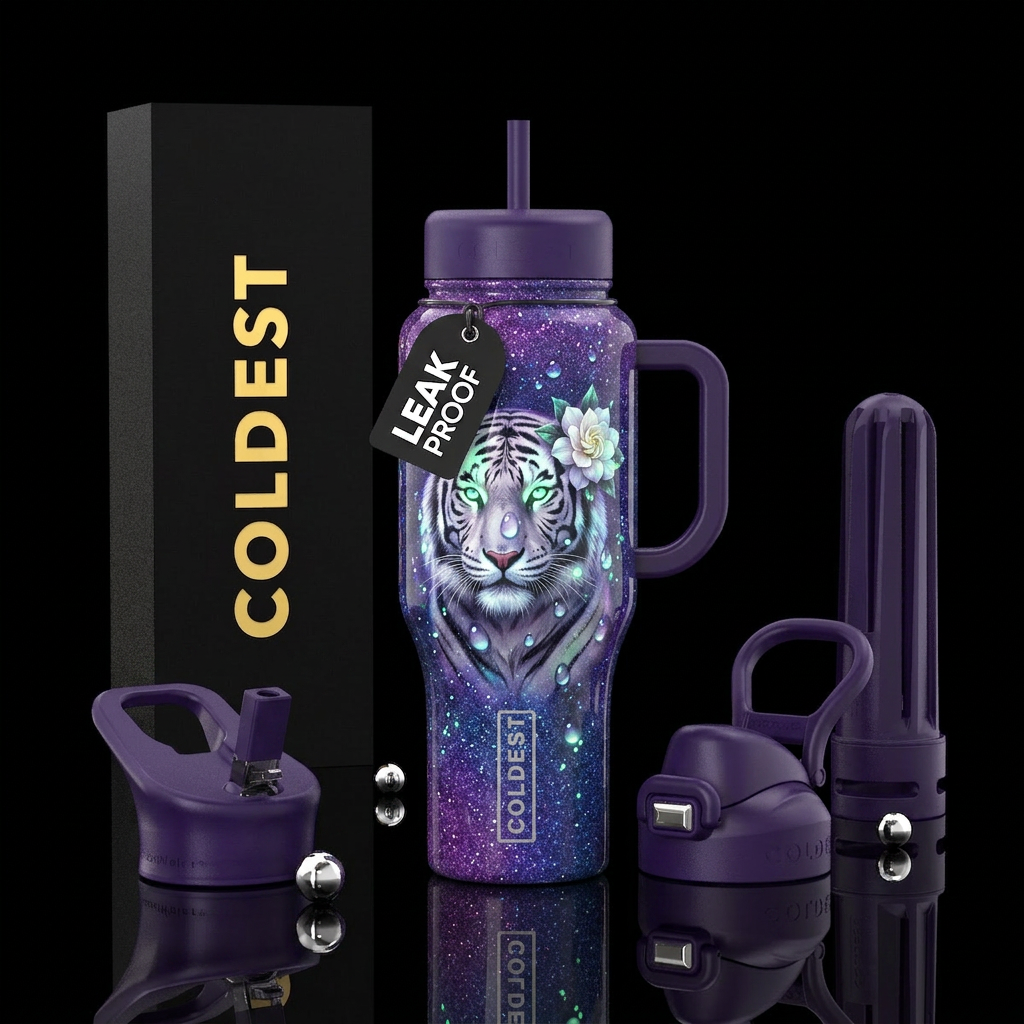 Purple and blue background glitter with white tige... water bottle design