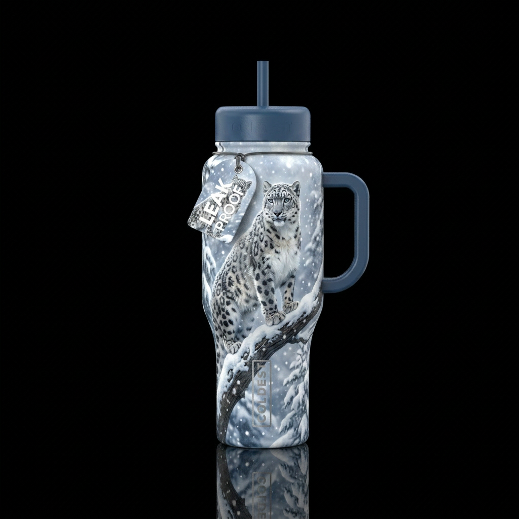 Snow leotard in a tree in snow water bottle design