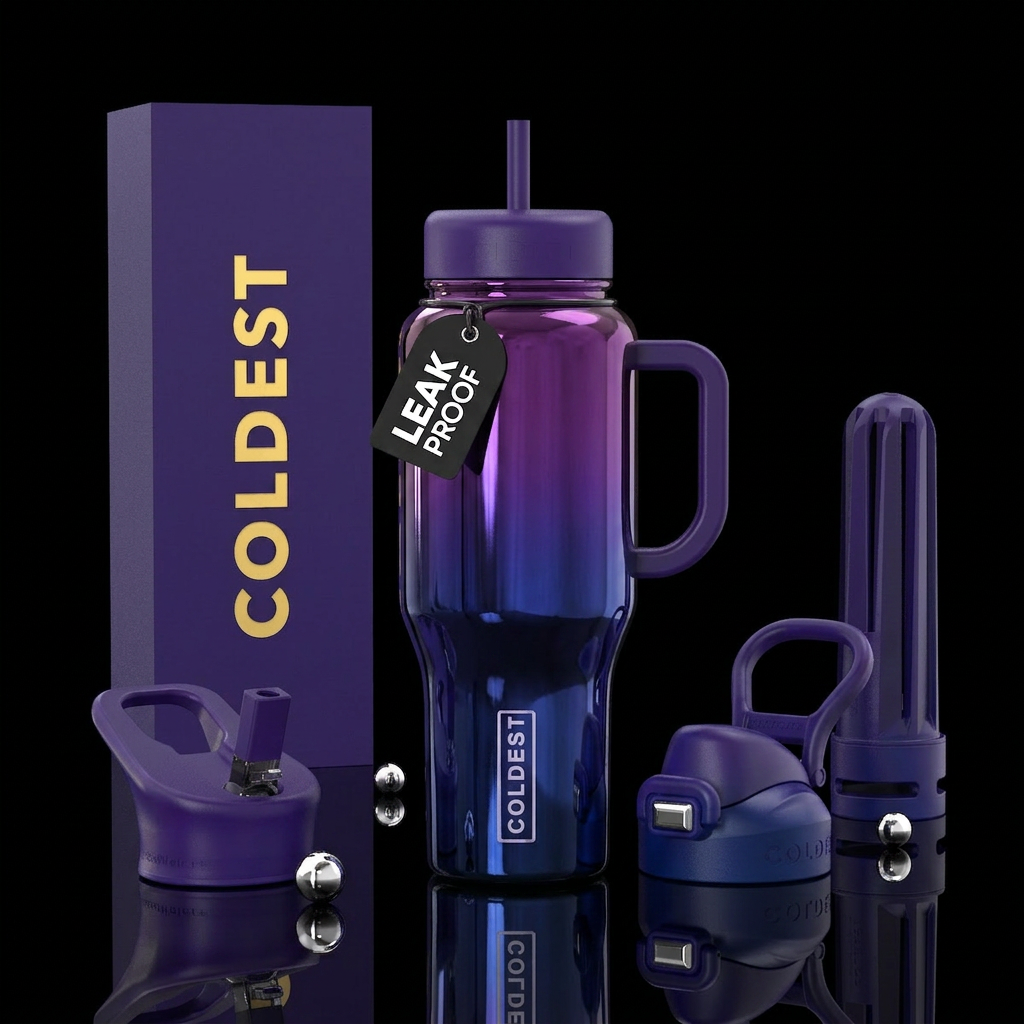 Deep purple and blue ombre shiny water bottle design