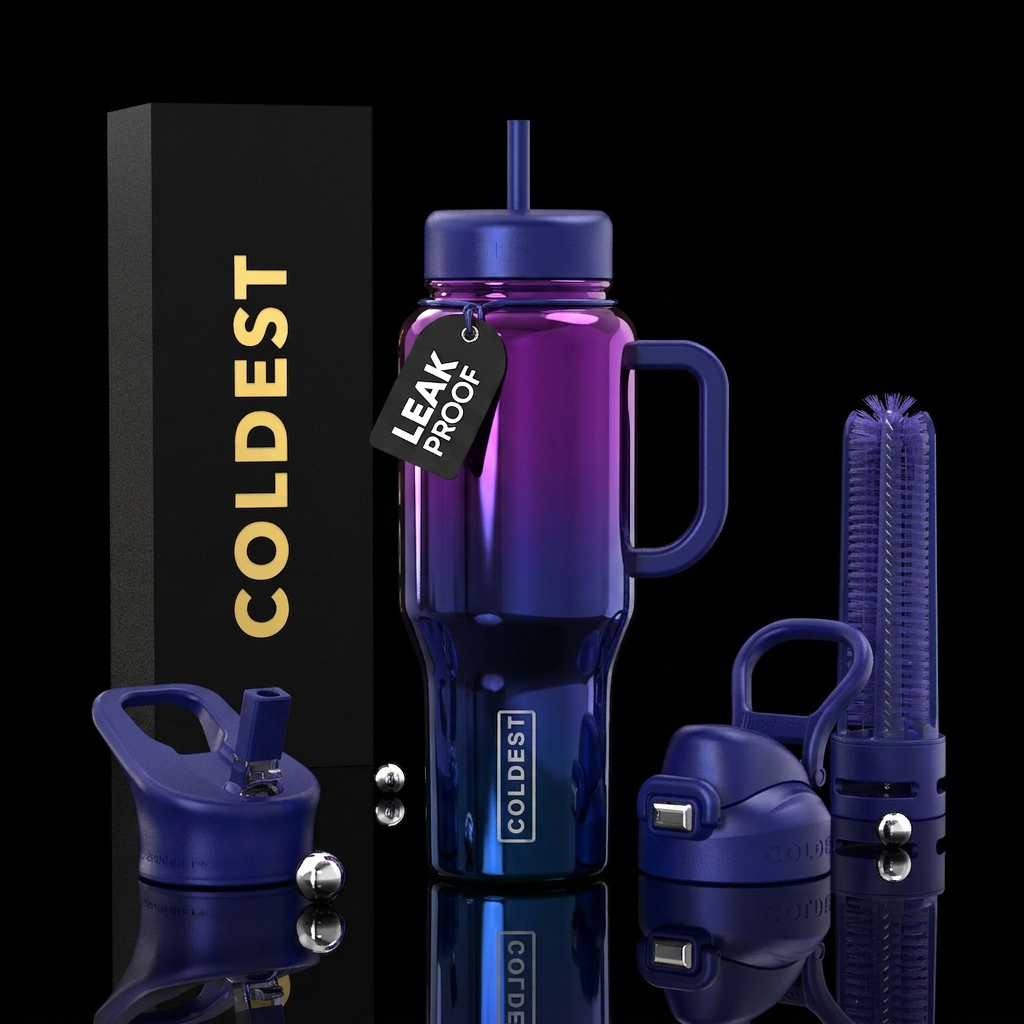 Deep purple and blue ombre shiny water bottle design