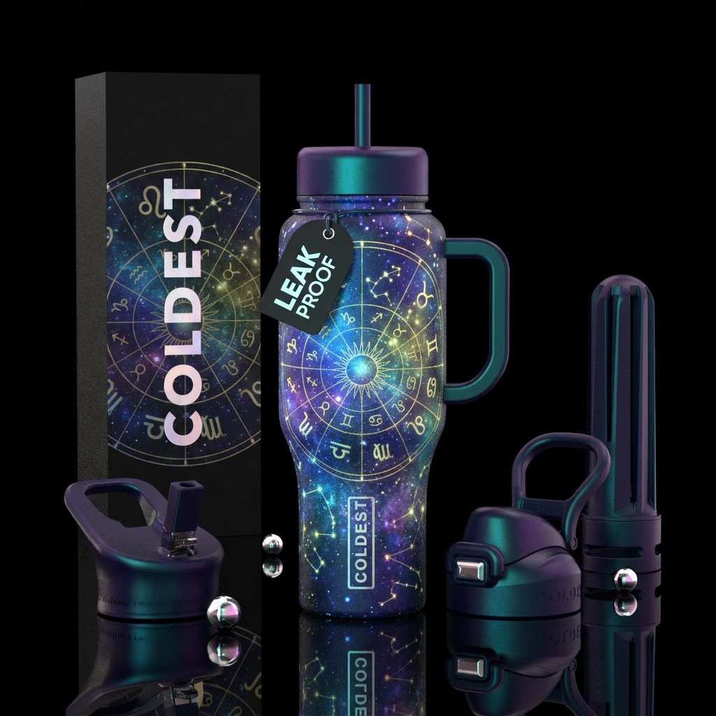 Glow in the dark astrology water bottle design