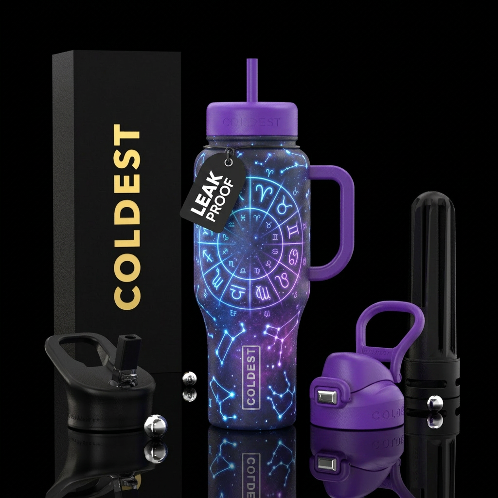 Glow in the dark astrology water bottle design