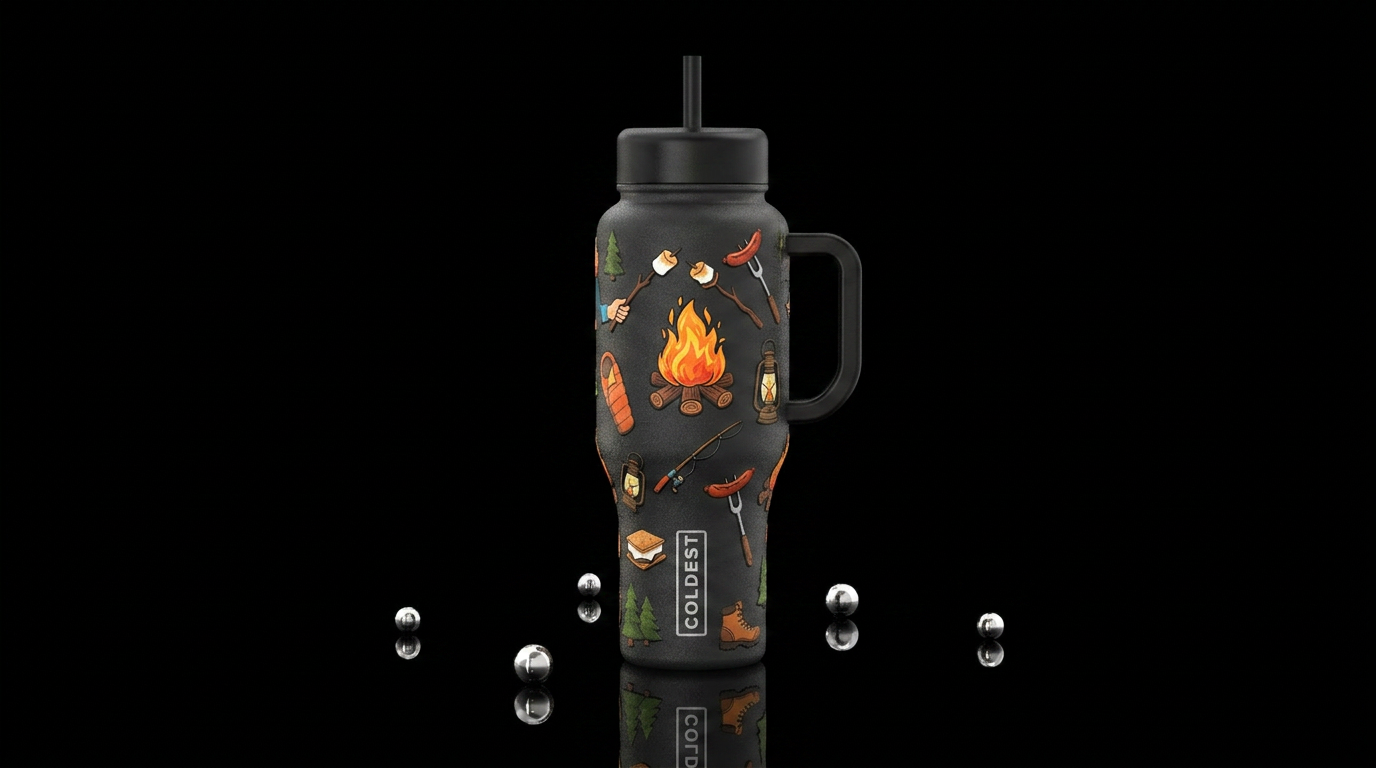 Camping. Camp fire smores hotdogs fishing lanterns water bottle design