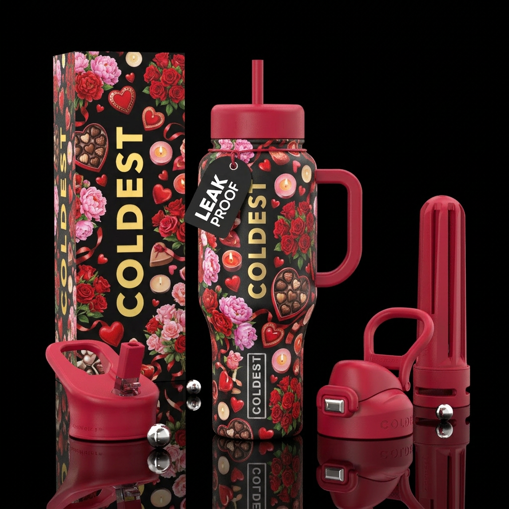 Valentine's day flowers and chocolates and candles water bottle design