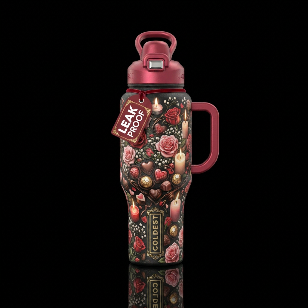 Valentine's day flowers and chocolates and candles water bottle design
