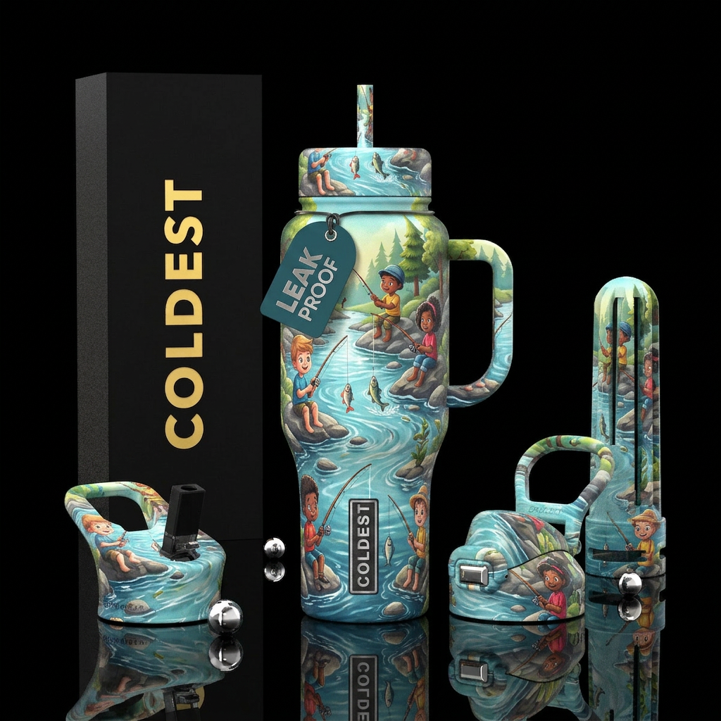 Kids fishing in creek water bottle design