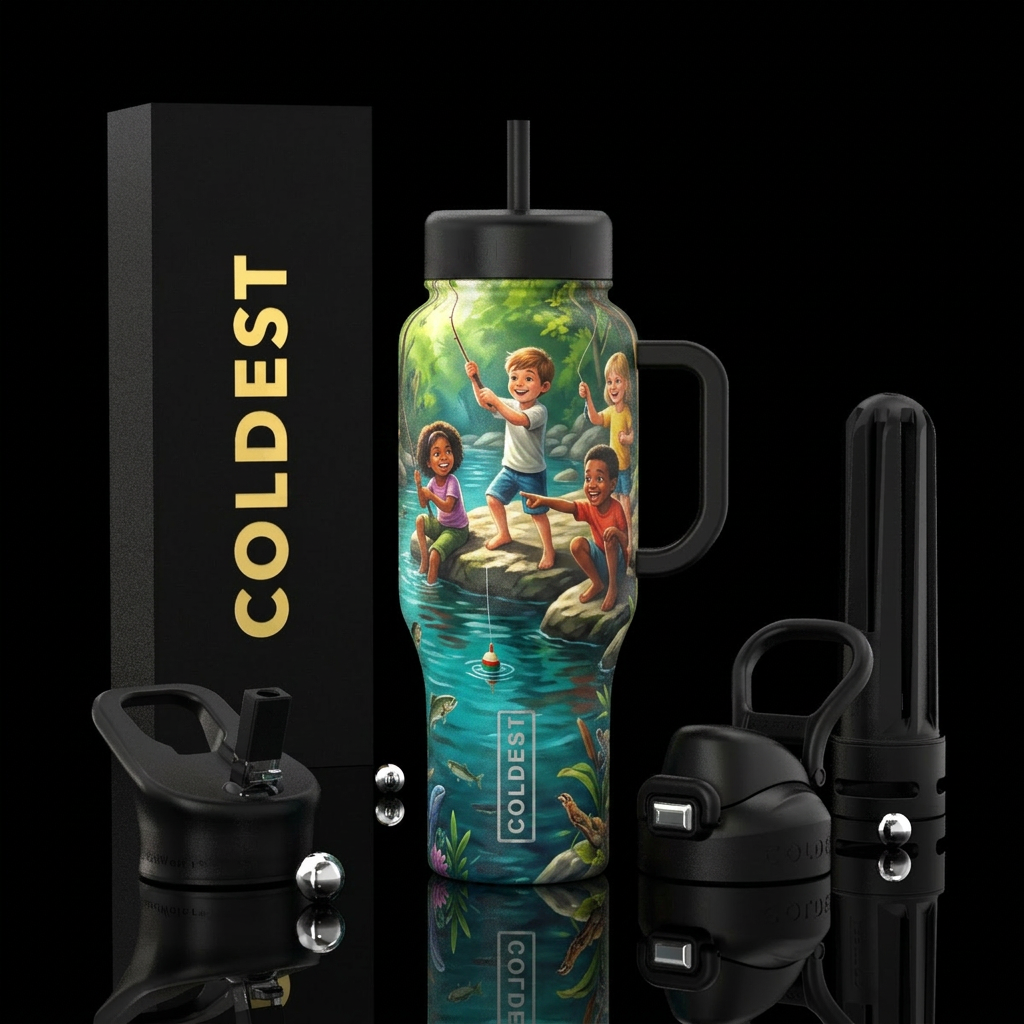 Kids fishing in creek water bottle design