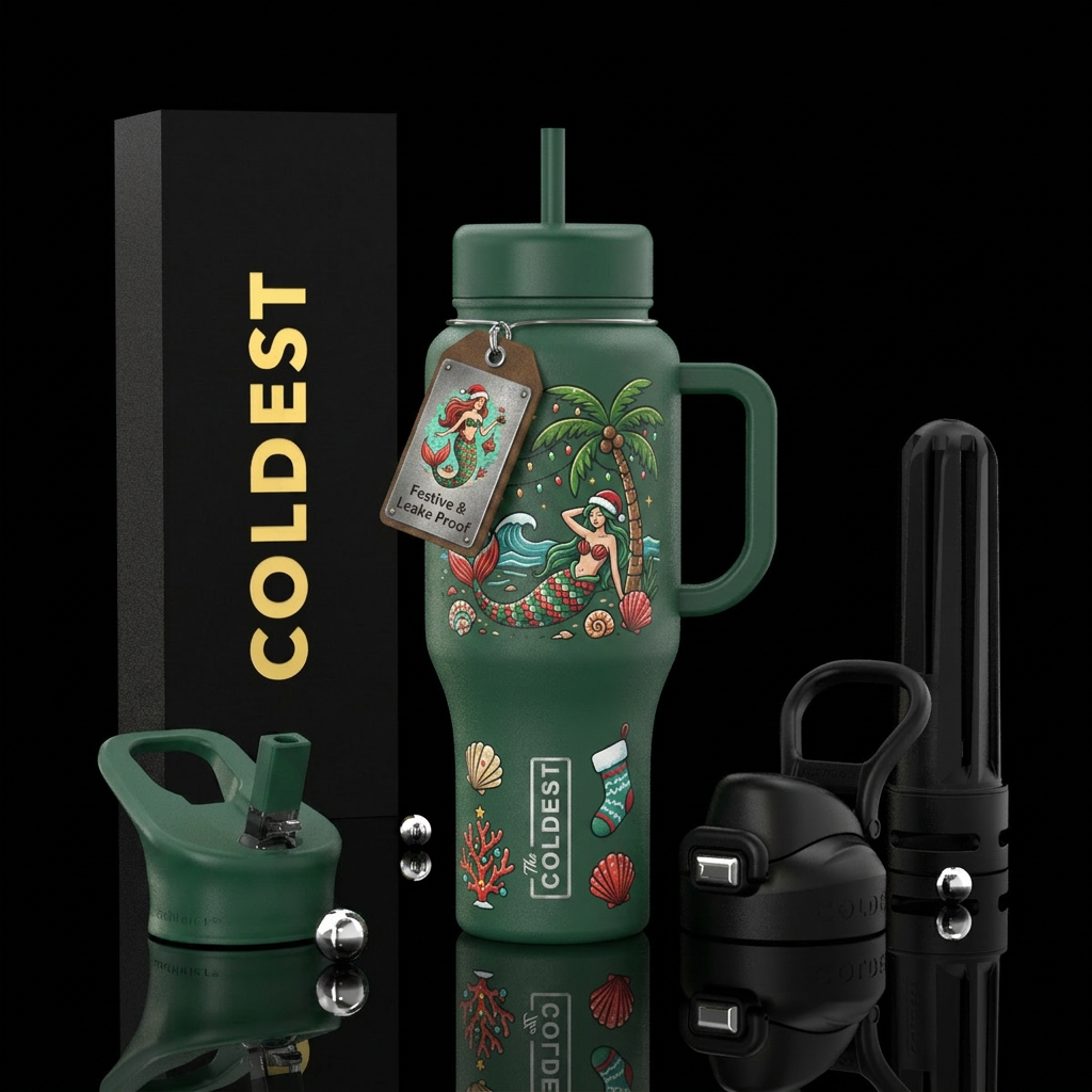 Christmas at the beach mermaid water bottle design