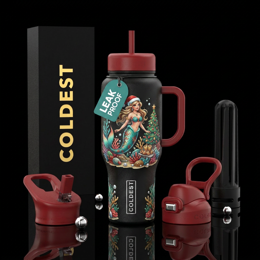 Christmas at the beach mermaid water bottle design