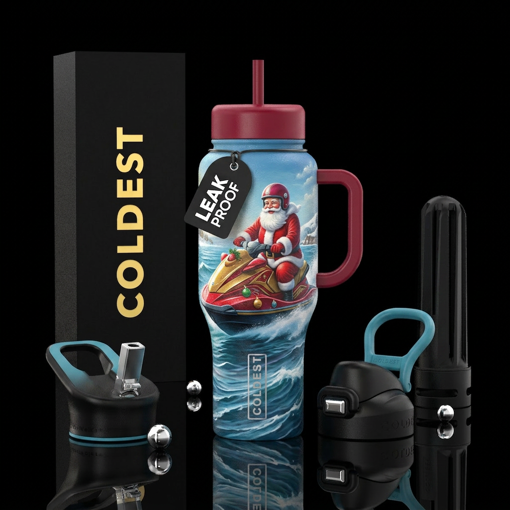 Christmas Santa on a jetski in ocean water bottle design