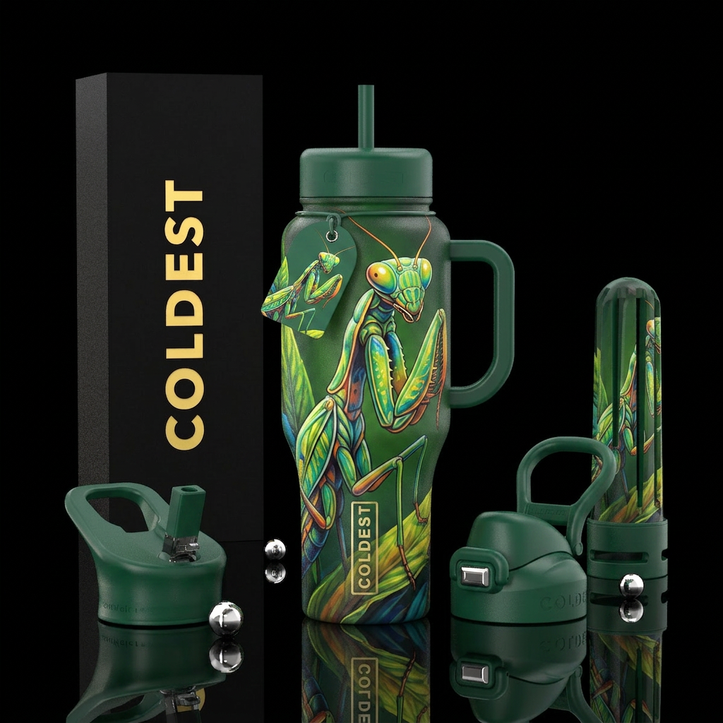 Praying mantis water bottle design