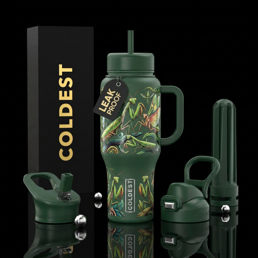 Praying mantis water bottle design