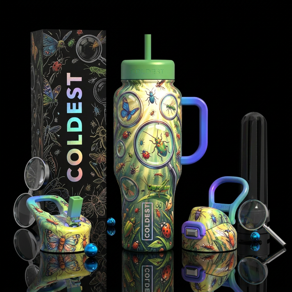Insect magnifying glass summer water bottle design