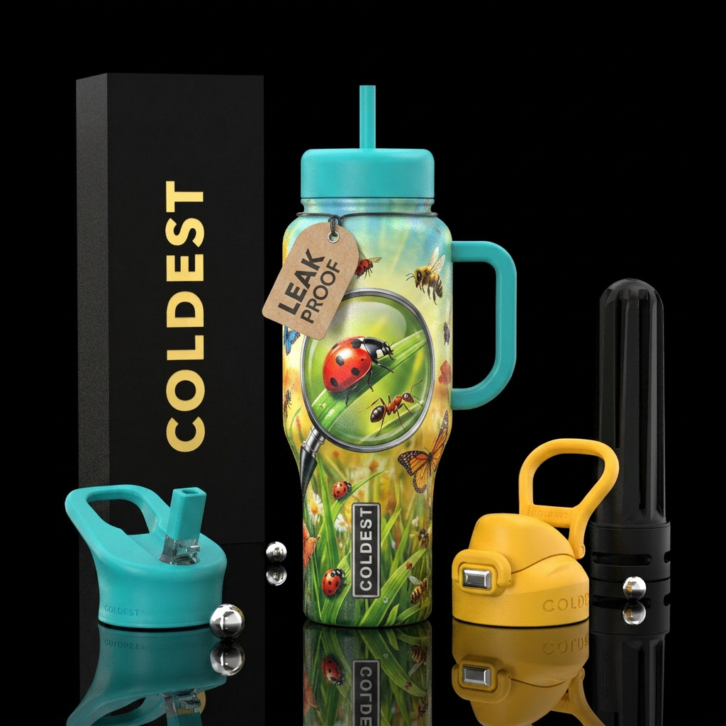 Insect magnifying glass summer water bottle design