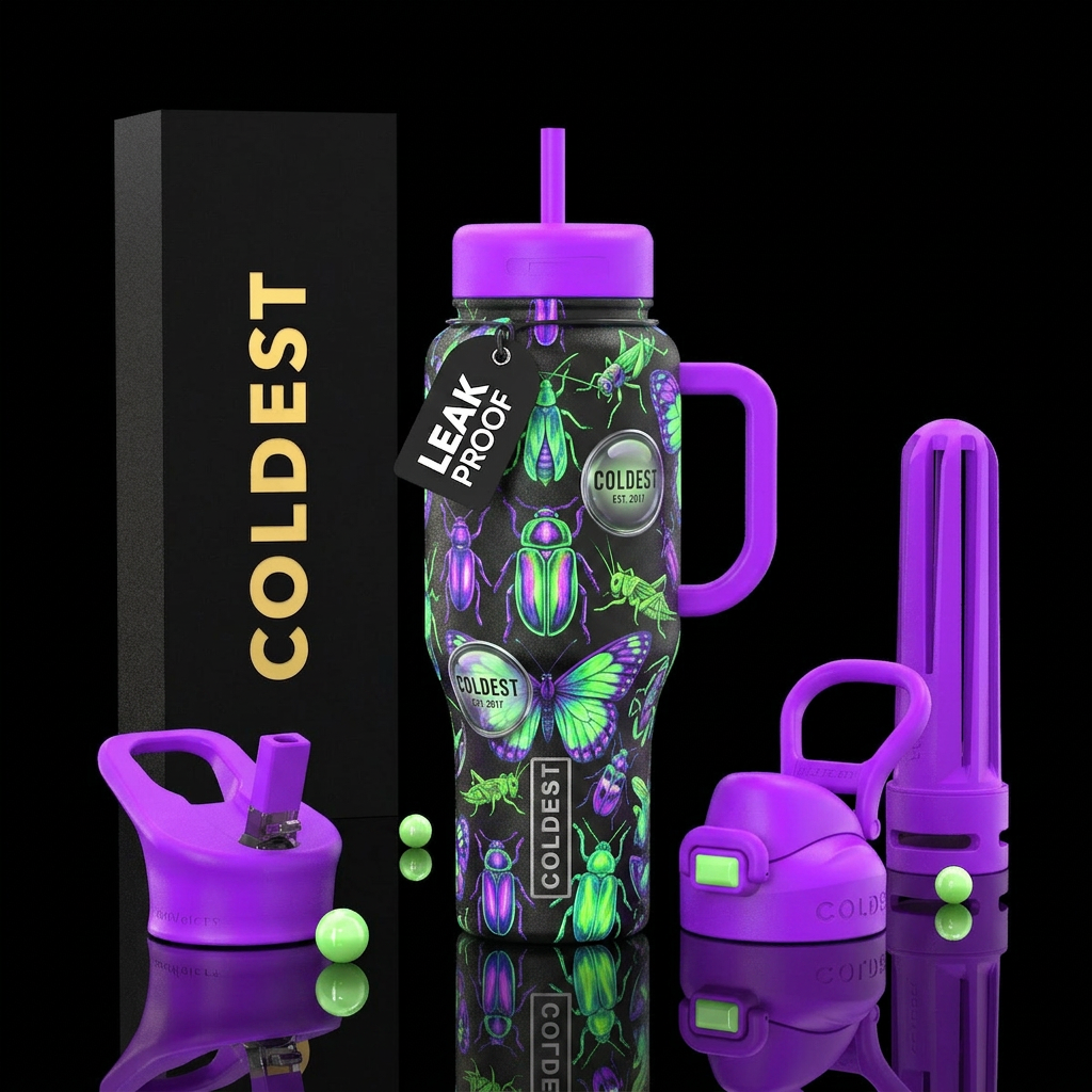 Insect magnifying glass summer glow in the dark water bottle design