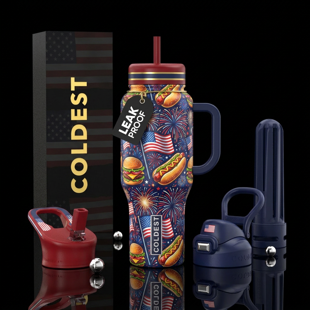 4th of July, USA flags, hot dogs, burgers, firewor... water bottle design