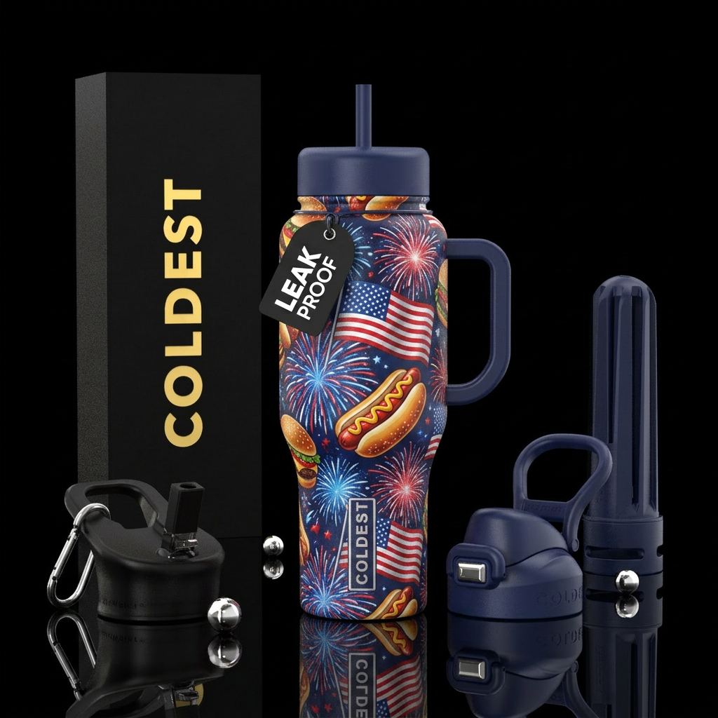 4th of July, USA flags, hot dogs, burgers, firewor... water bottle design
