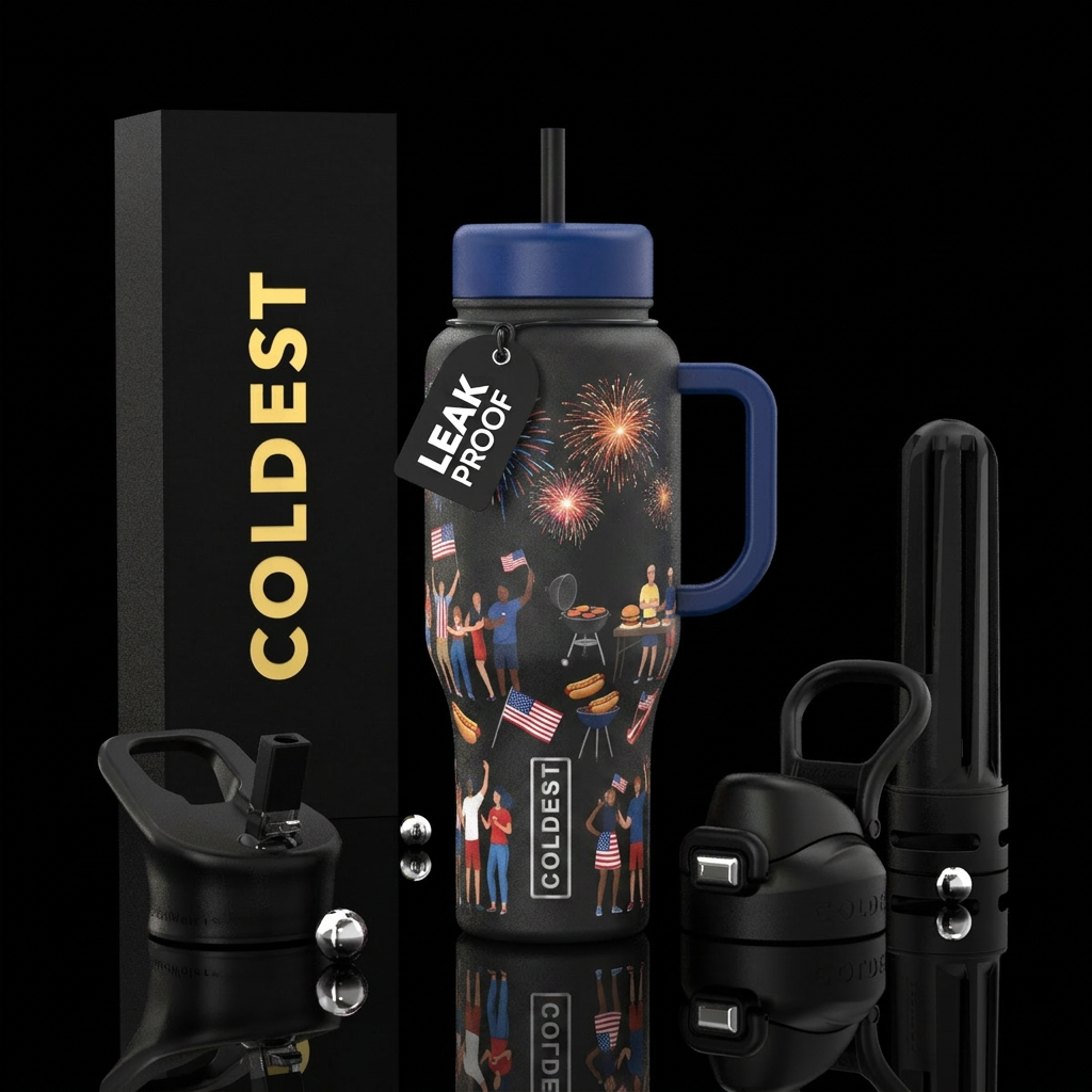 4th of July, USA flags, hot dogs, burgers, firewor... water bottle design