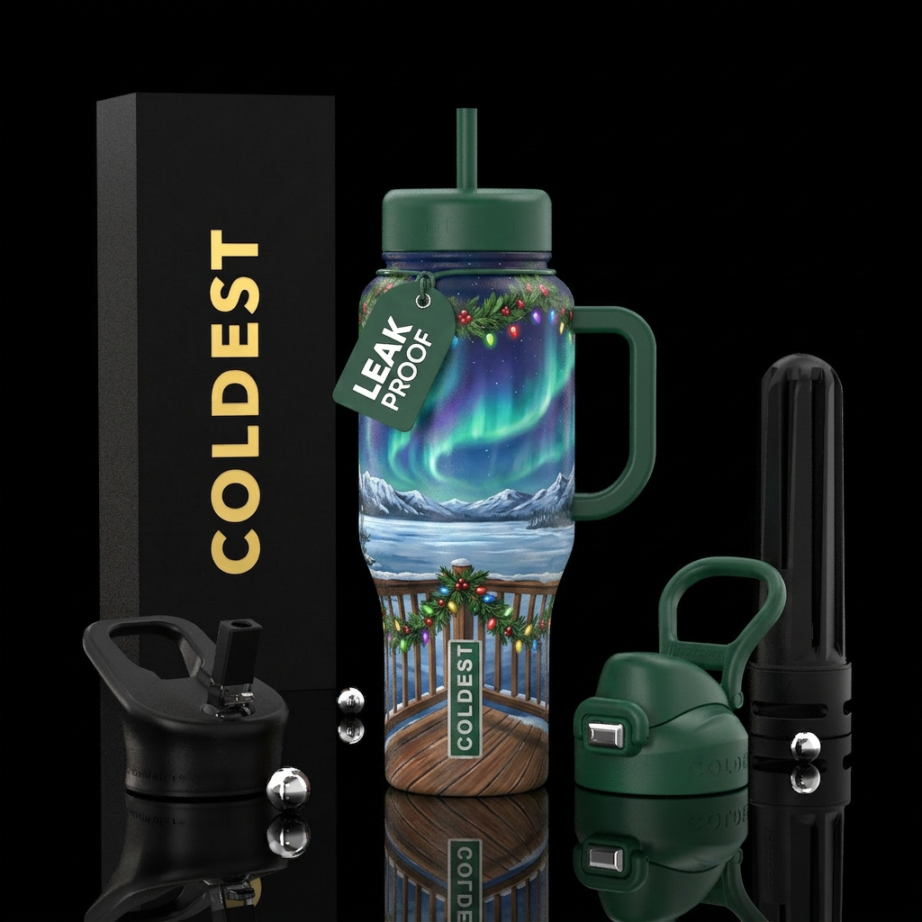 Christmas garland and lights on a deck overlooking... water bottle design