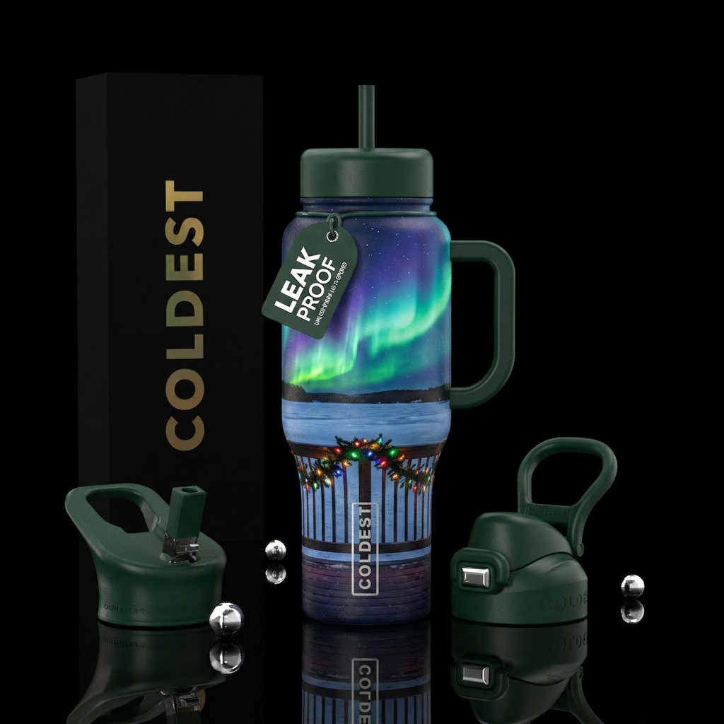 Christmas garland and lights on a deck overlooking... water bottle design