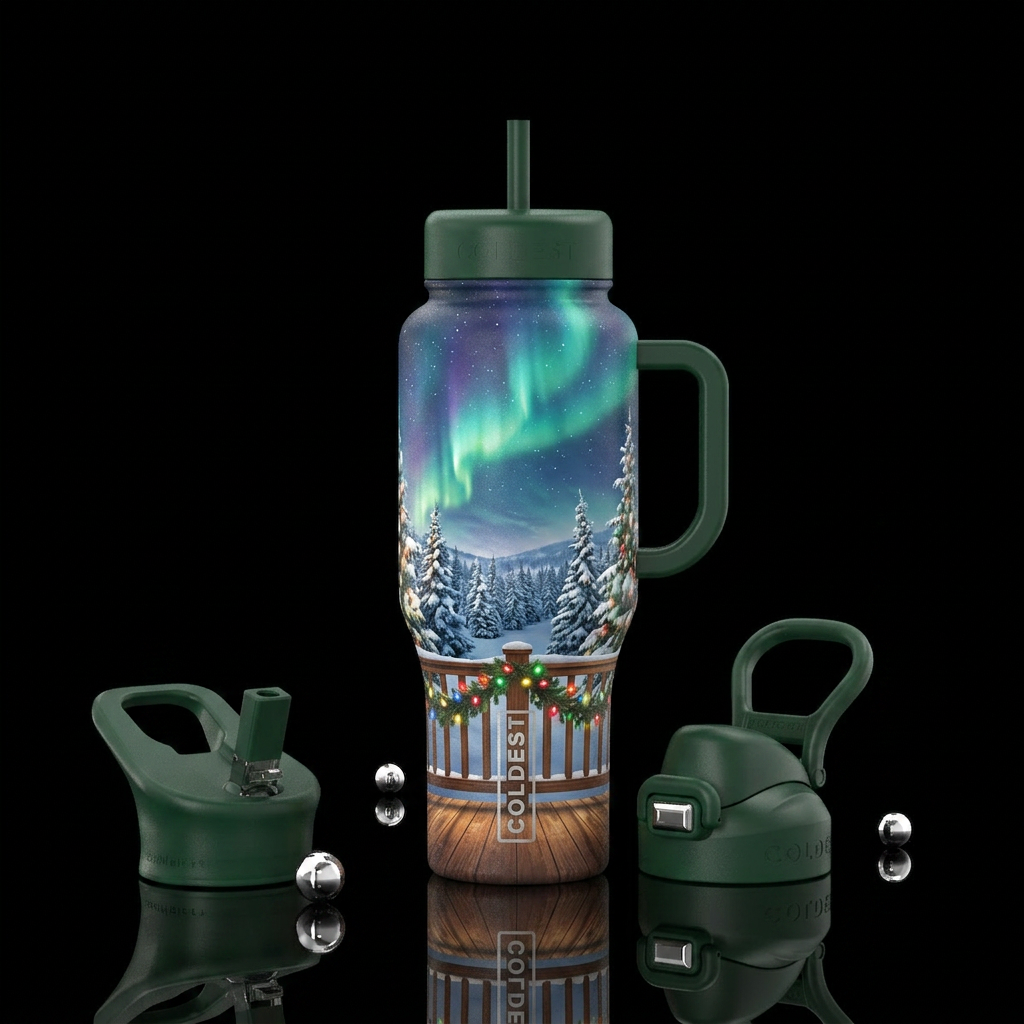 Christmas garland and lights on a deck overlooking... water bottle design