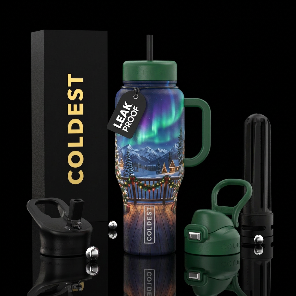 Christmas garland and lights on a deck overlooking... water bottle design