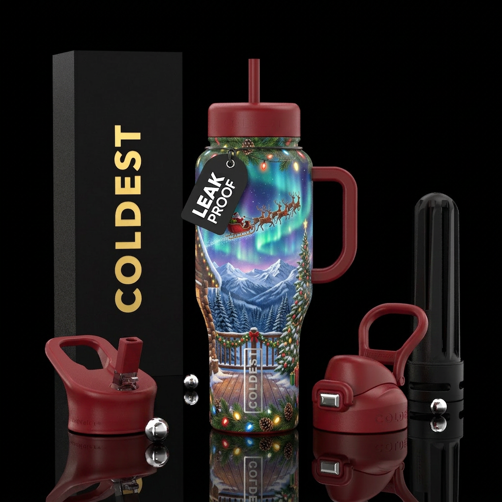 Christmas garland and lights on a deck overlooking... water bottle design