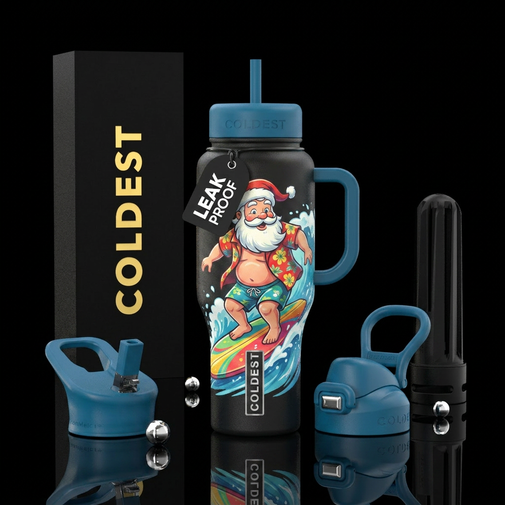 Santa on a surf board water bottle design