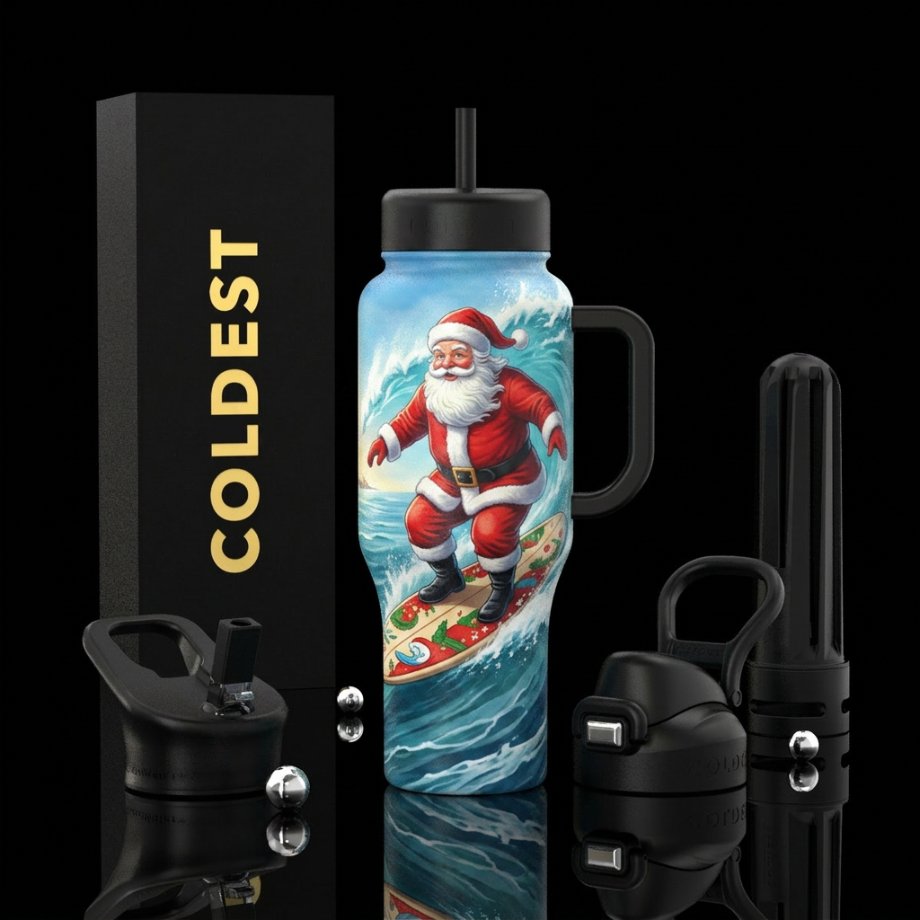 Santa on a surf board water bottle design