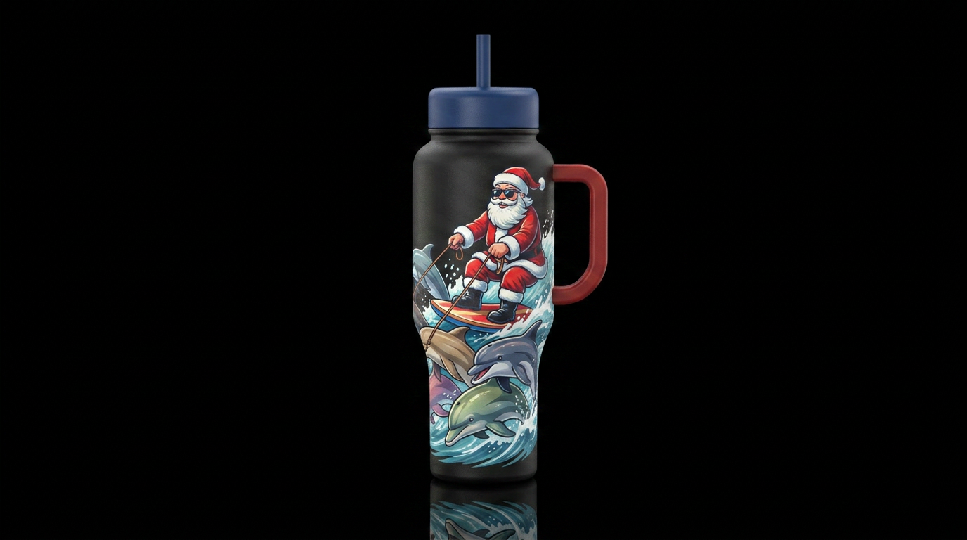 Santa on a boogie board being pulled by dolphins water bottle design
