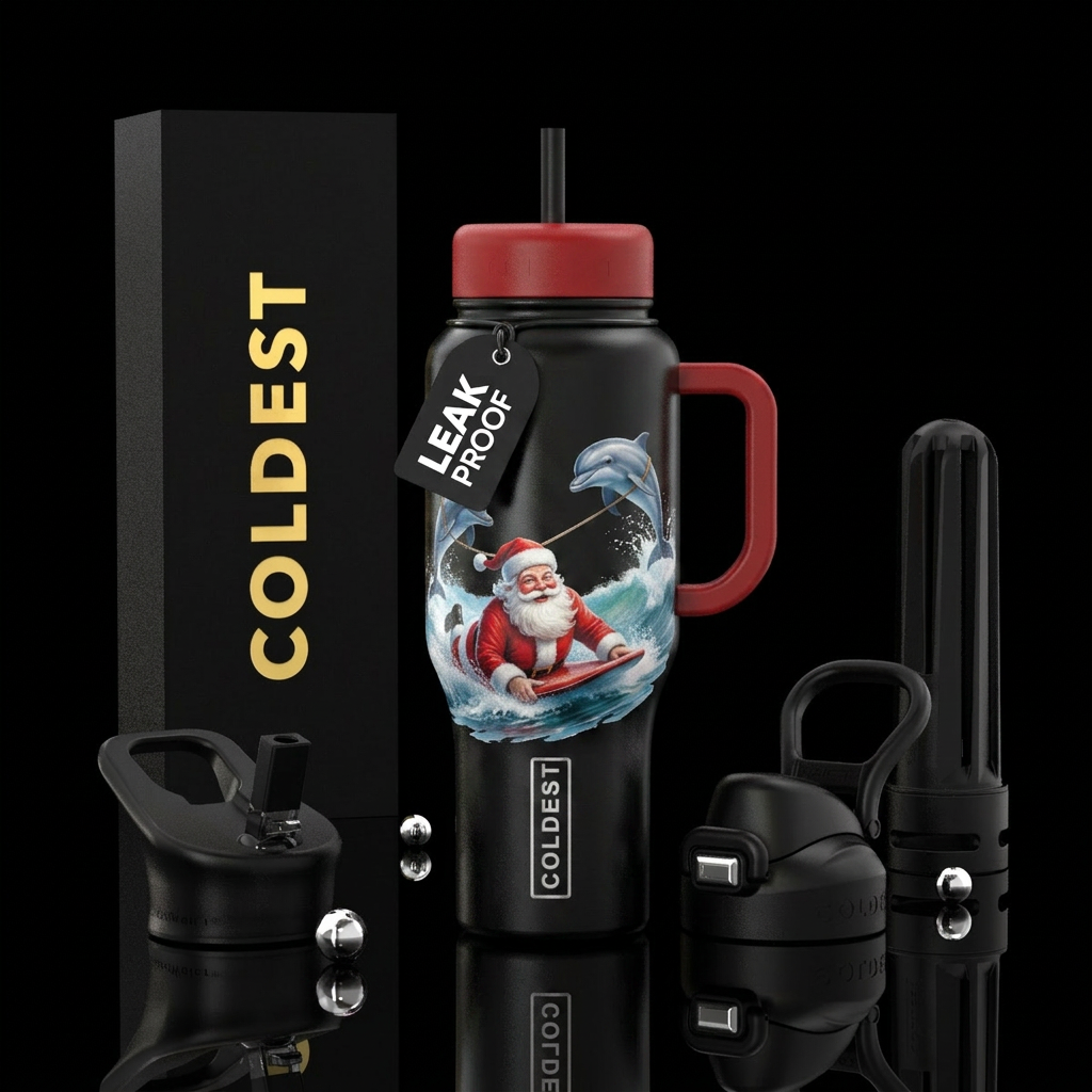 Santa on a boogie board being pulled by dolphins water bottle design