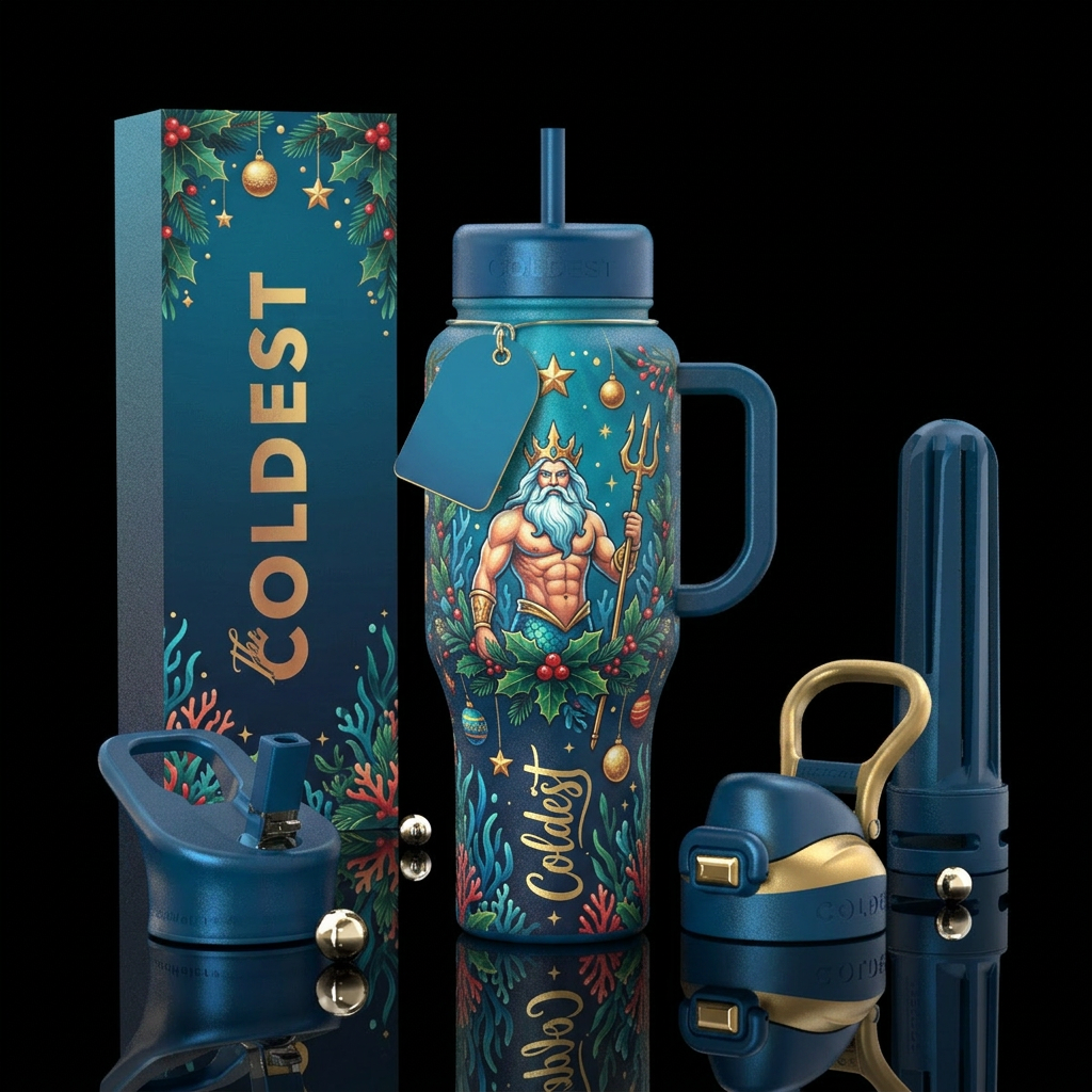 King Triton Christmas water bottle design