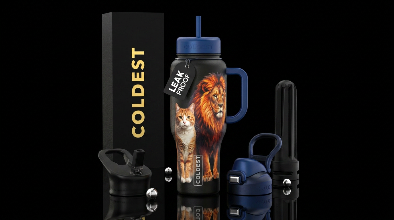 Cat evolving into lion. Lion behind cat water bottle design