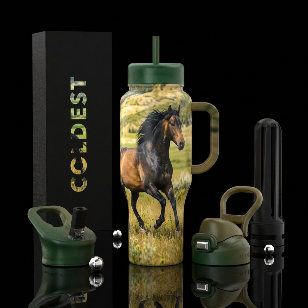Horse running in field water bottle design