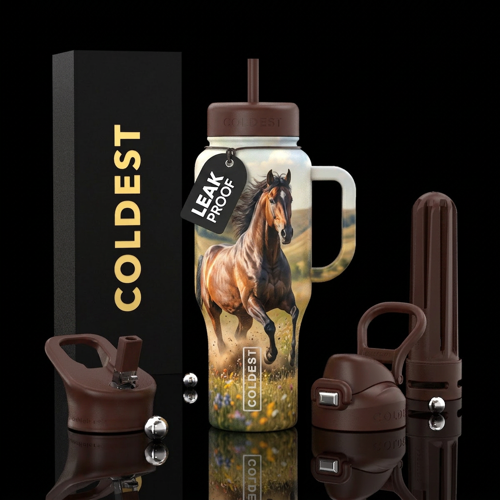 Horse running in field water bottle design