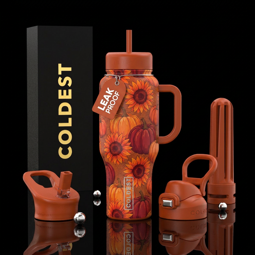 Orange and red Sunflowers with pumpkins water bottle design