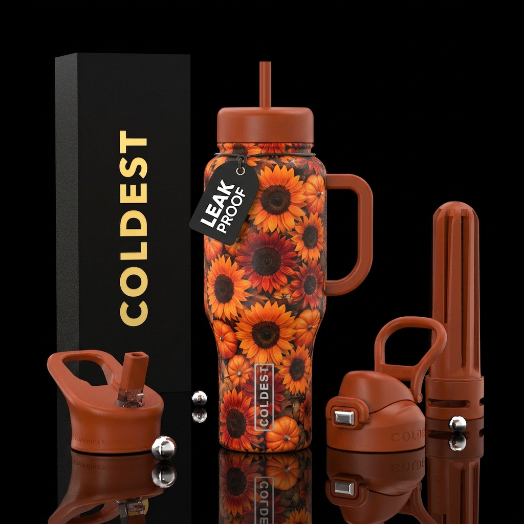 Orange and red Sunflowers with pumpkins water bottle design