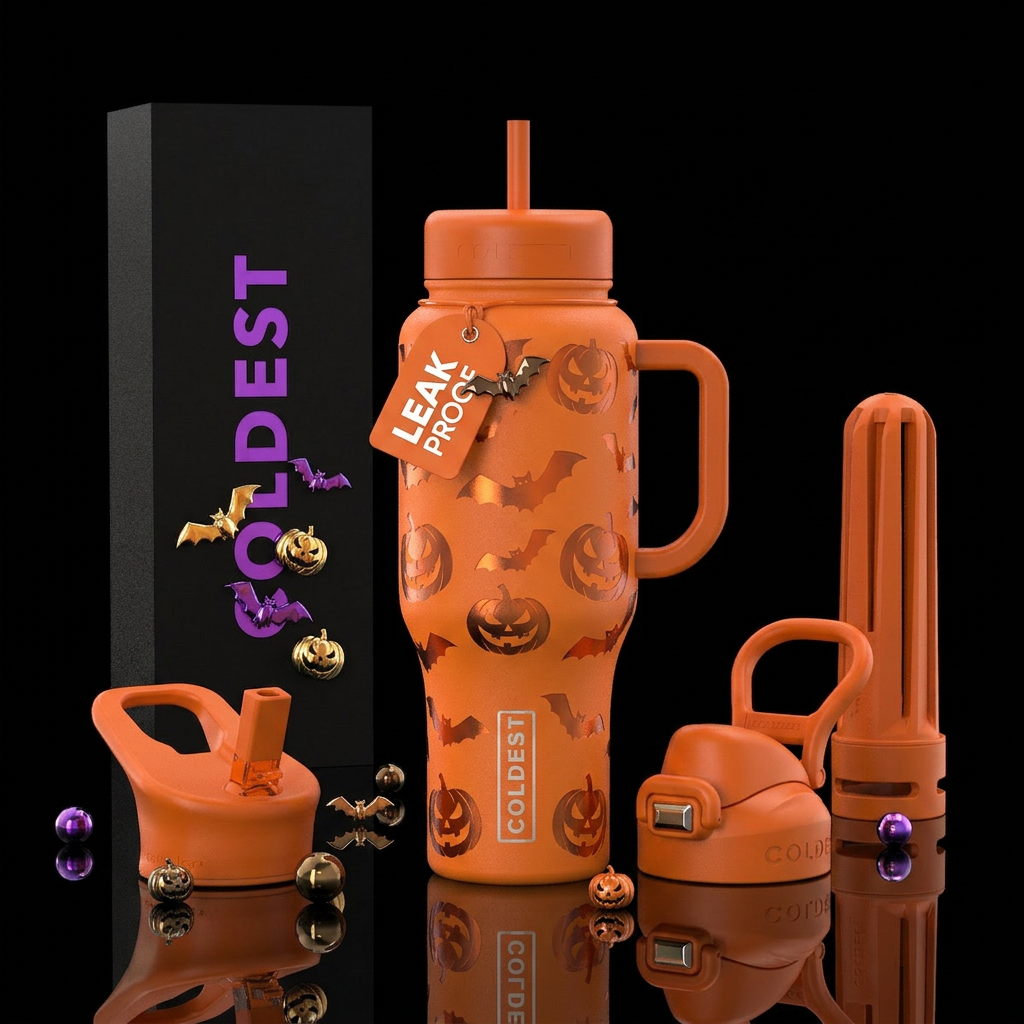 Bats and pumpkins water bottle design