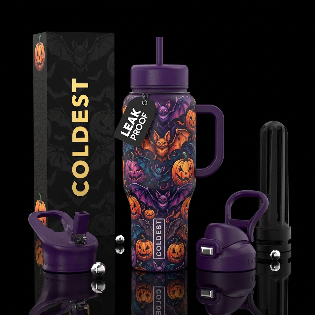 Bats and pumpkins water bottle design