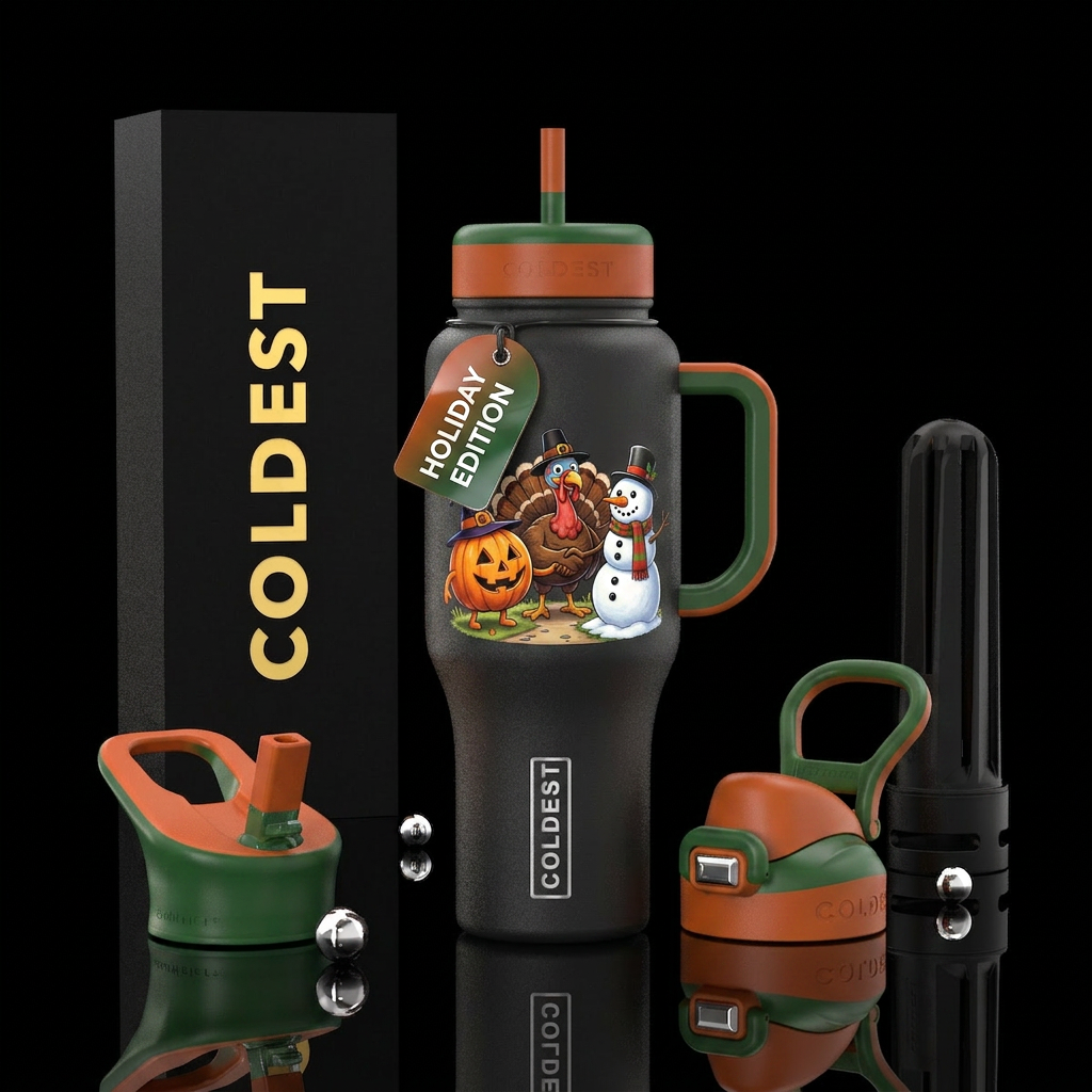 Pumpkin, turkey and snowman all shaking hands repr... water bottle design