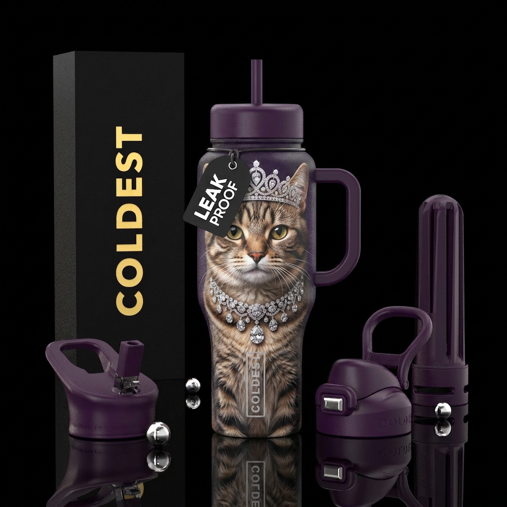Cat with fancy diamond necklace and tiara. Queen c... water bottle design