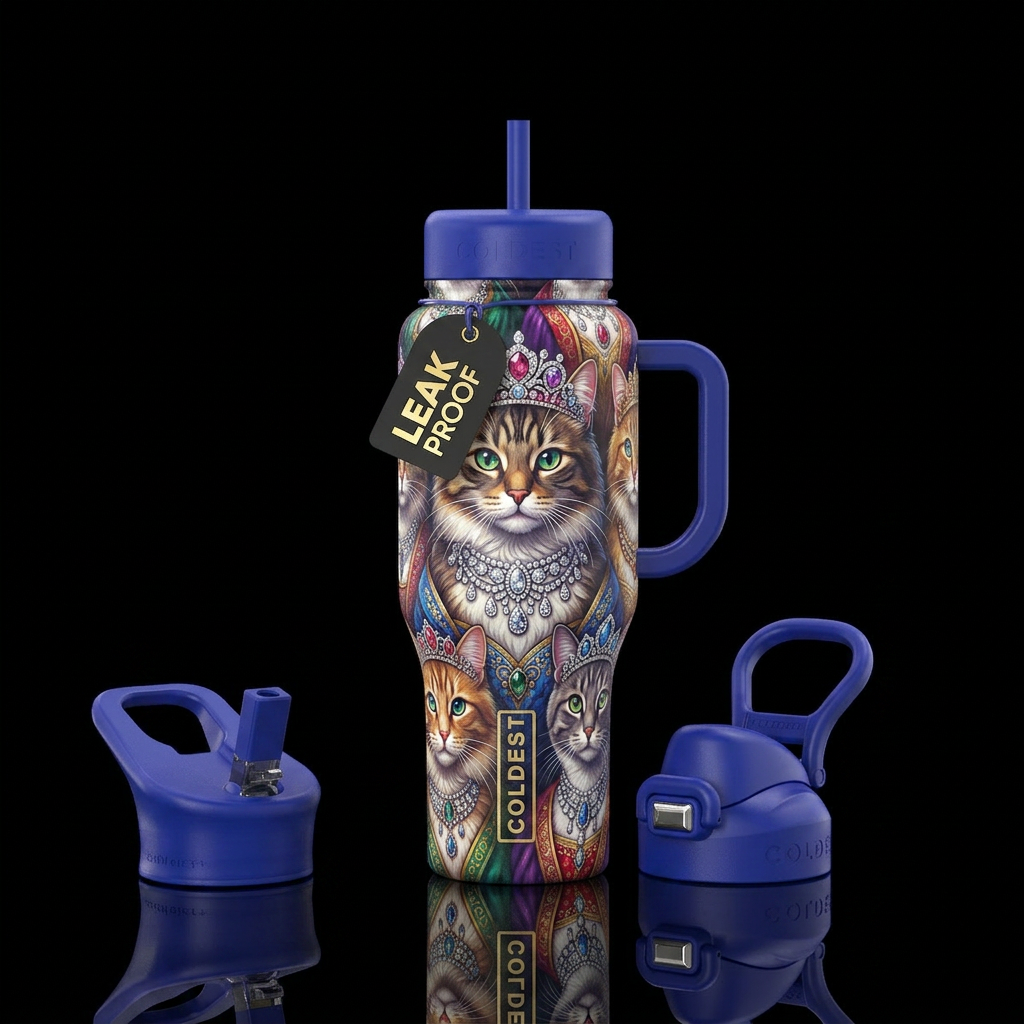 Cat with fancy diamond necklace and tiara. Queen c... water bottle design