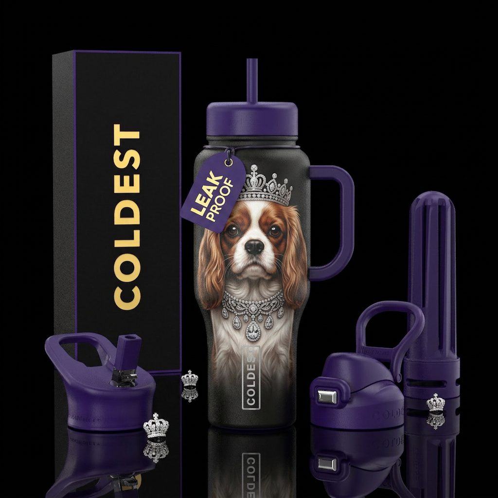 Dog with fancy diamond necklace and tiara. Queen d... water bottle design