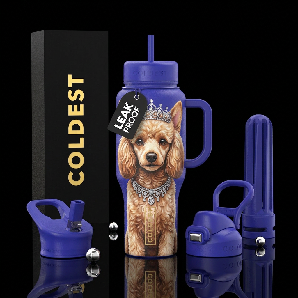Dog with fancy diamond necklace and tiara. Queen d... water bottle design