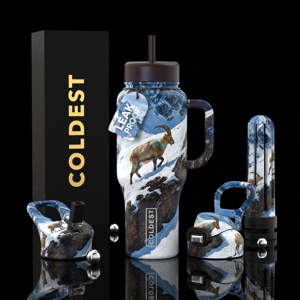 Mountain goat on side of snowy mountain water bottle design